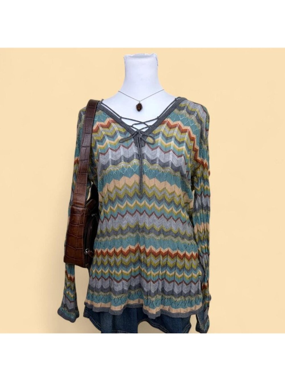 colorful chevron striped boho whimsical open knit top